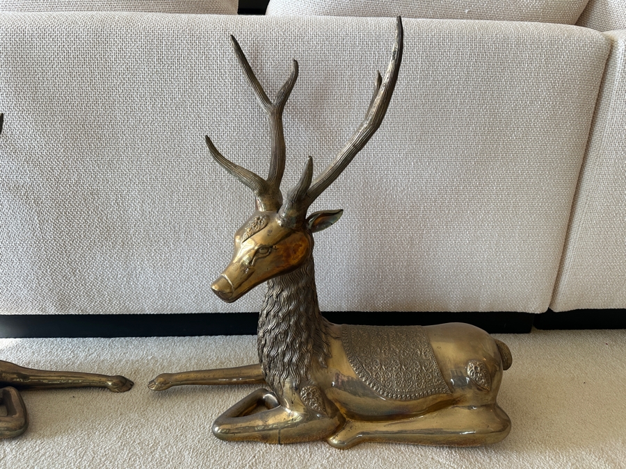 Pair Of Vintage 1970s Large Solid Brass Seated Deer Sculptures Statues 28W X 8D X 27H [Photo 4]