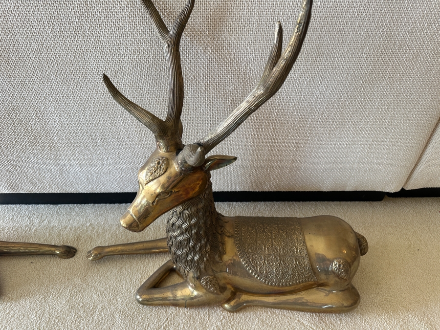 Pair Of Vintage 1970s Large Solid Brass Seated Deer Sculptures Statues 28W X 8D X 27H [Photo 8]