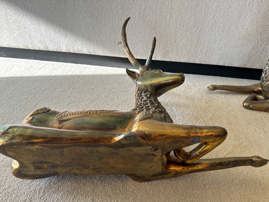 Pair Of Vintage 1970s Large Solid Brass Seated Deer Sculptures Statues 28W X 8D X 27H [Photo 10]