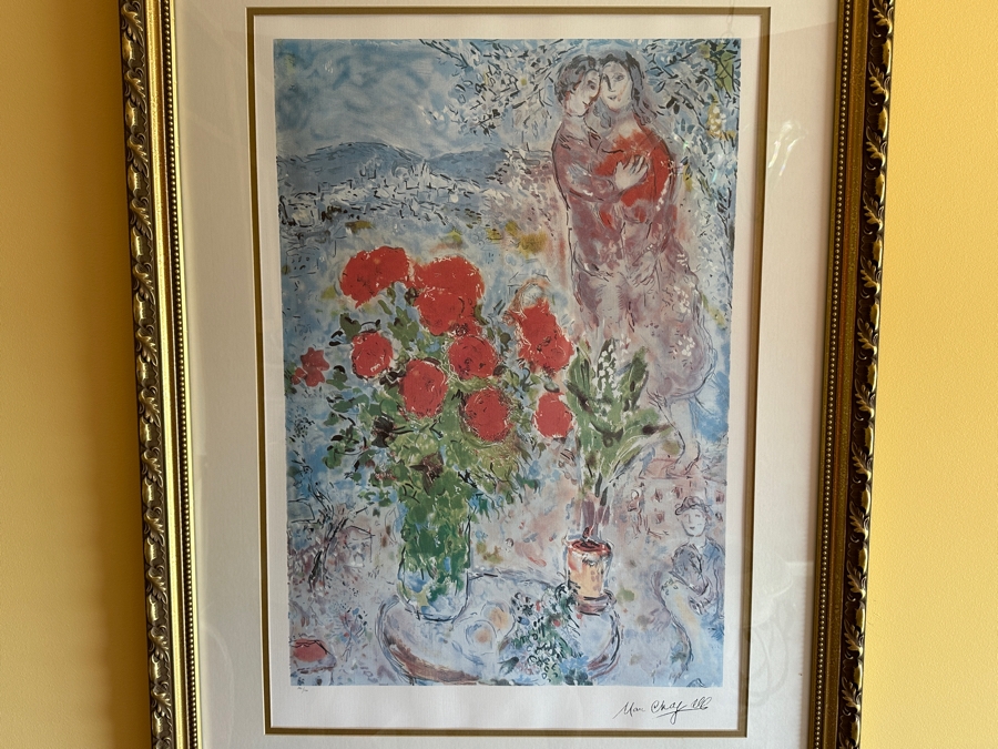 Marc Chagall Limited Edition Offset Lithograph Titled 'Red Bouquet' Numbered 294 Of 500 20 X 29 Framed 30 X 39.5