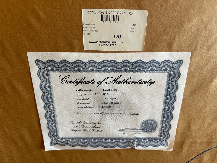 Marc Chagall Limited Edition Offset Lithograph Titled 'Red Bouquet' Numbered 294 Of 500 20 X 29 Framed 30 X 39.5 [Photo 12]