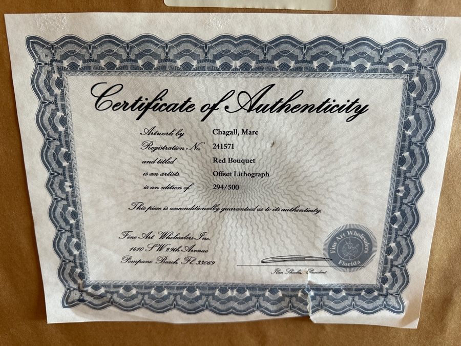 Marc Chagall Limited Edition Offset Lithograph Titled 'Red Bouquet' Numbered 294 Of 500 20 X 29 Framed 30 X 39.5 [Photo 13]