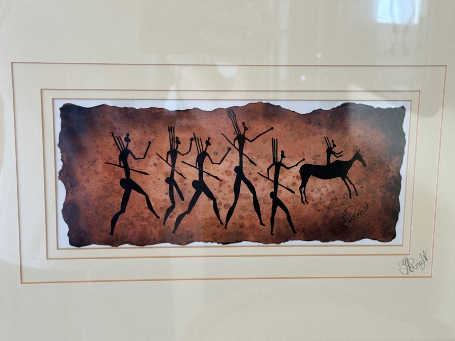 J. H. Wright South African Artist 'The African Collection' Print Of Cave Drawings Hand Signed 10.5 X 5 Professionally Framed 30 X 26 [Photo 2]