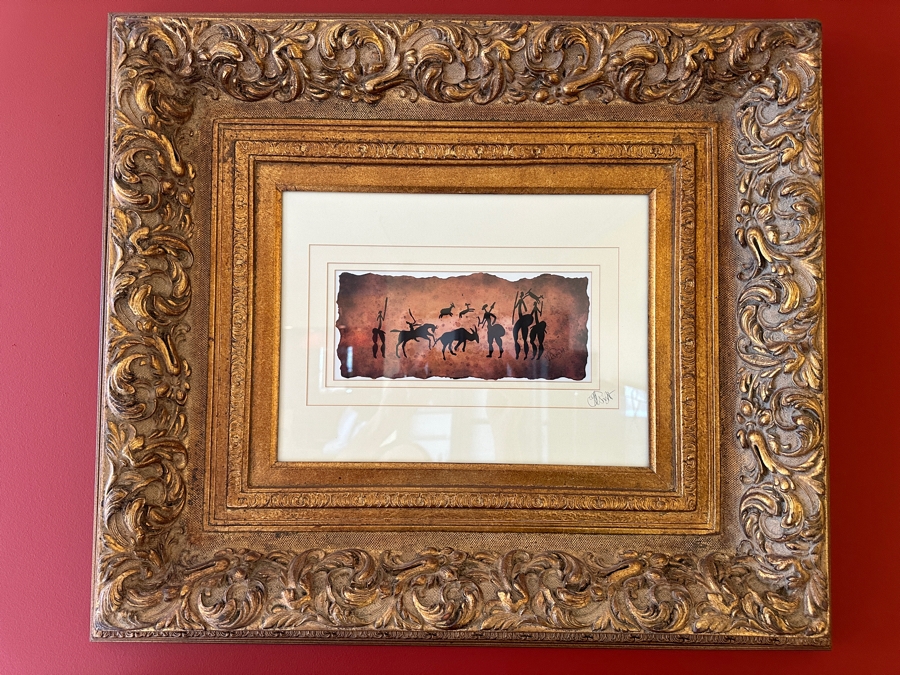 J. H. Wright South African Artist 'The African Collection' Print Of Cave Drawings Hand Signed 10.5 X 5 Professionally Framed 30 X 26