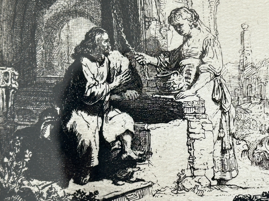Rembrandt Van Rijn (1606-1669, Dutch) Christ And The Woman Of Samaria Etching 4.25 X 4.75 Framed 23W X 23.5H [Photo 7]