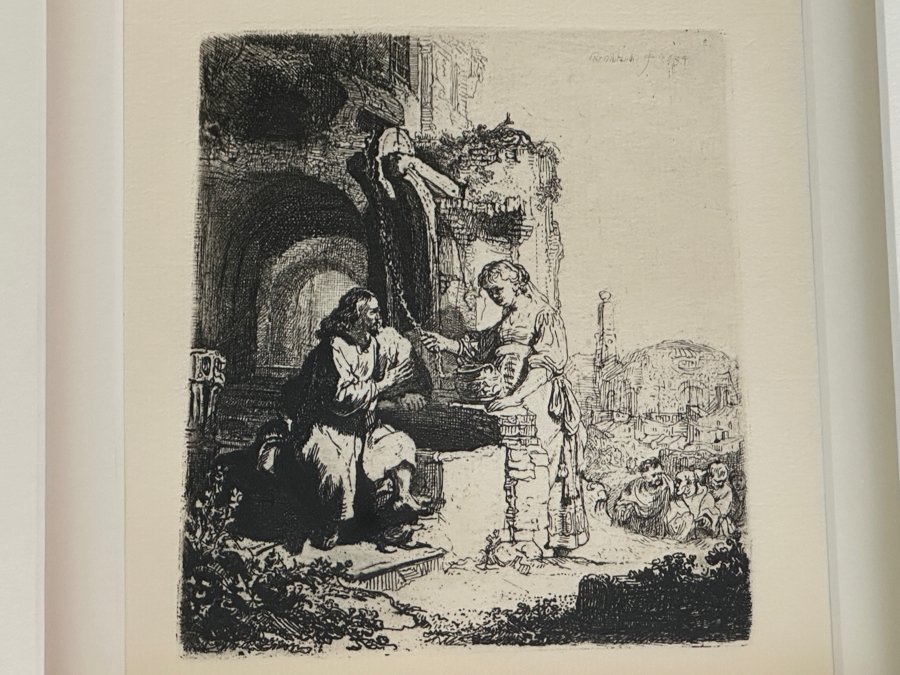 Rembrandt Van Rijn (1606-1669, Dutch) Christ And The Woman Of Samaria Etching 4.25 X 4.75 Framed 23W X 23.5H
