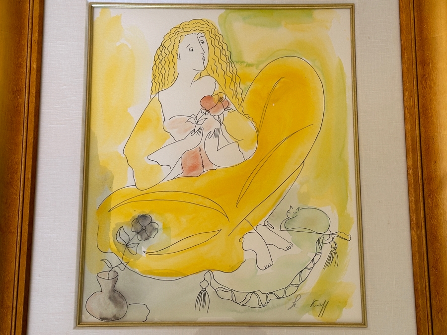 Linda Le Kinff (B. 1949, United States/France) Hand Embellished Watercolor Over Serigraph Line Painting On Paper Signed Titled 'A Single Rose' 16 X 19.5 Framed 29 X 32 [Photo 2]