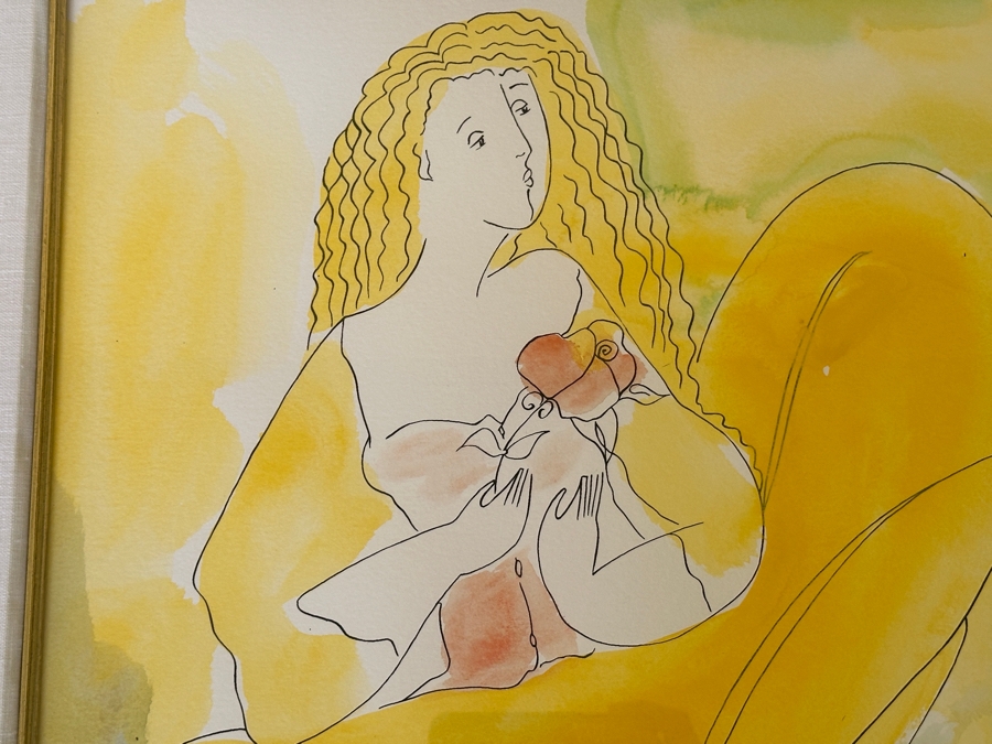 Linda Le Kinff (B. 1949, United States/France) Hand Embellished Watercolor Over Serigraph Line Painting On Paper Signed Titled 'A Single Rose' 16 X 19.5 Framed 29 X 32 [Photo 4]