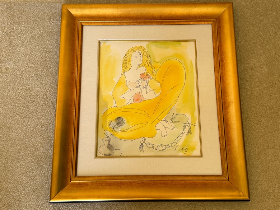 Linda Le Kinff (B. 1949, United States/France) Hand Embellished Watercolor Over Serigraph Line Painting On Paper Signed Titled 'A Single Rose' 16 X 19.5 Framed 29 X 32 [Photo 3]