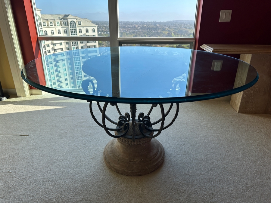 Drexel Heritage Corbel Glass Top Round Pedestal Dining Table 54W X 30H [Photo 5]