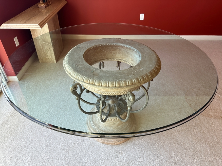 Drexel Heritage Corbel Glass Top Round Pedestal Dining Table 54W X 30H [Photo 3]