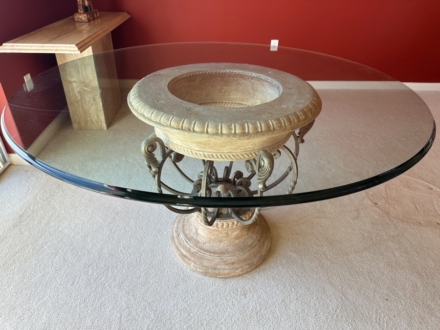 Drexel Heritage Corbel Glass Top Round Pedestal Dining Table 54W X 30H