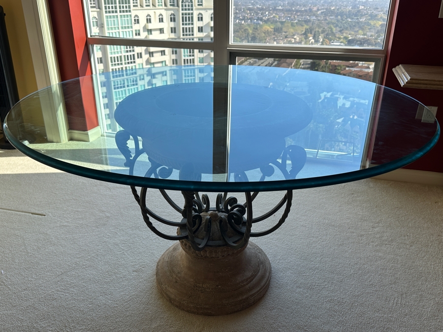 Drexel Heritage Corbel Glass Top Round Pedestal Dining Table 54W X 30H [Photo 6]