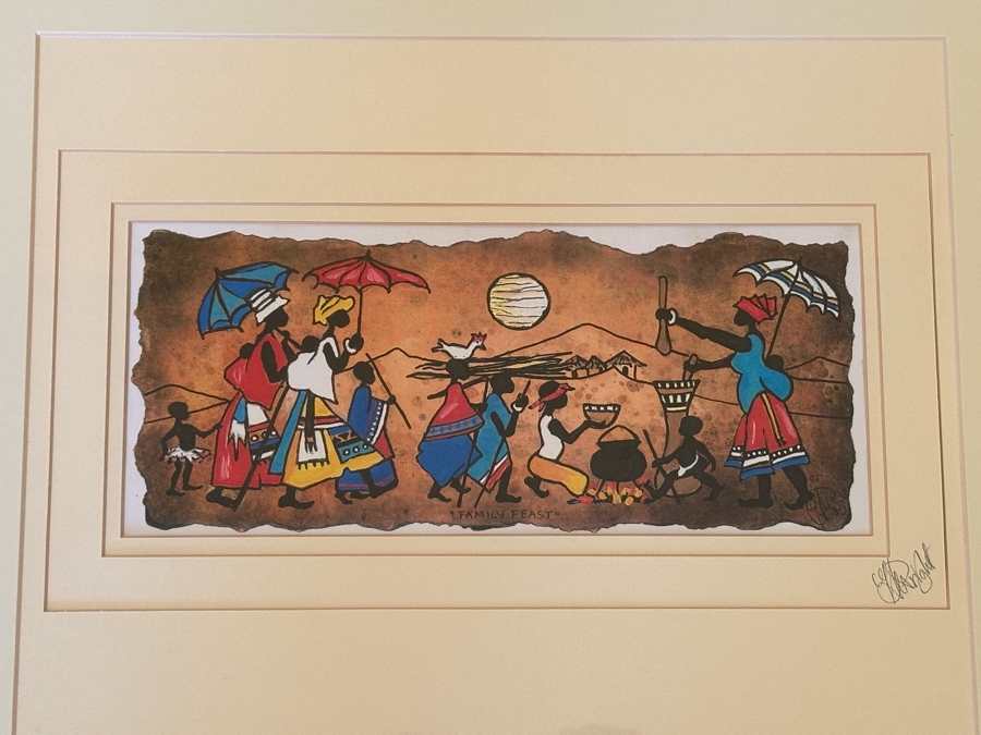 J. H. Wright South African Artist 'Family Feast' Print Hand Signed 11 X 5 Framed 25 X 25 [Photo 1]