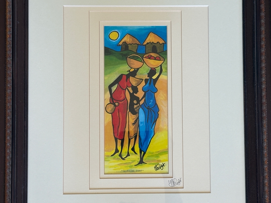J. H. Wright South African Artist Print Titled 'Morning Chat' Hand Signed 5 X 11 Framed 21.5 X 25