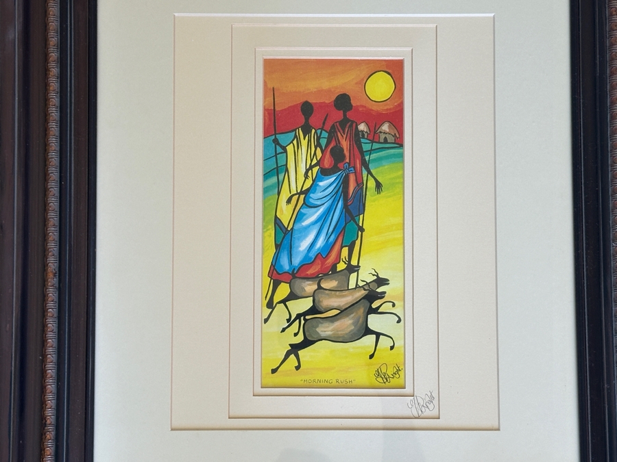 J. H. Wright South African Artist Print Titled 'Morning Rush' Hand Signed 5 X 11 Framed 21.5 X 25 [Photo 1]