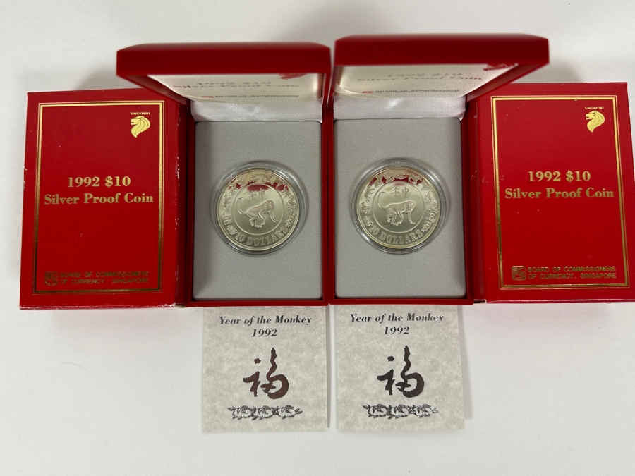 Rare Pair Of Limited Edition Sterling Silver 1992 $10 Silver Proof Coins Produced By The Singapore Mint Year Of The Monkey Limited To 30,000 Pieces Year Of The Monkey Total Sterling Weight Of 62.06g [Photo 2]