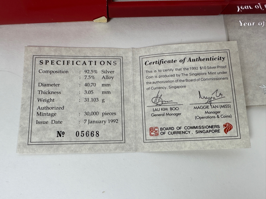 Rare Pair Of Limited Edition Sterling Silver 1992 $10 Silver Proof Coins Produced By The Singapore Mint Year Of The Monkey Limited To 30,000 Pieces Year Of The Monkey Total Sterling Weight Of 62.06g [Photo 8]