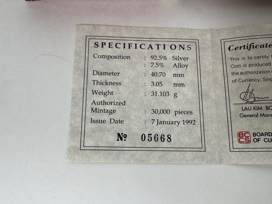 Rare Pair Of Limited Edition Sterling Silver 1992 $10 Silver Proof Coins Produced By The Singapore Mint Year Of The Monkey Limited To 30,000 Pieces Year Of The Monkey Total Sterling Weight Of 62.06g [Photo 9]