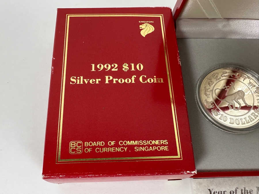Rare Pair Of Limited Edition Sterling Silver 1992 $10 Silver Proof Coins Produced By The Singapore Mint Year Of The Monkey Limited To 30,000 Pieces Year Of The Monkey Total Sterling Weight Of 62.06g [Photo 6]