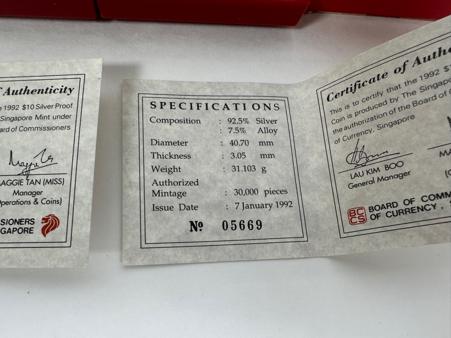 Rare Pair Of Limited Edition Sterling Silver 1992 $10 Silver Proof Coins Produced By The Singapore Mint Year Of The Monkey Limited To 30,000 Pieces Year Of The Monkey Total Sterling Weight Of 62.06g [Photo 10]