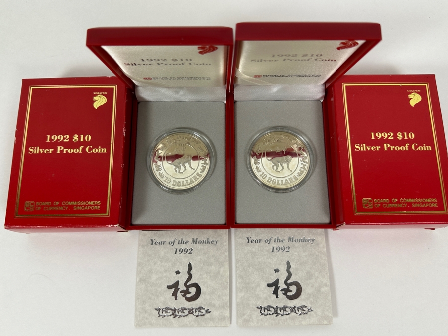 Rare Pair Of Limited Edition Sterling Silver 1992 $10 Silver Proof Coins Produced By The Singapore Mint Year Of The Monkey Limited To 30,000 Pieces Year Of The Monkey Total Sterling Weight Of 62.06g [Photo 1]