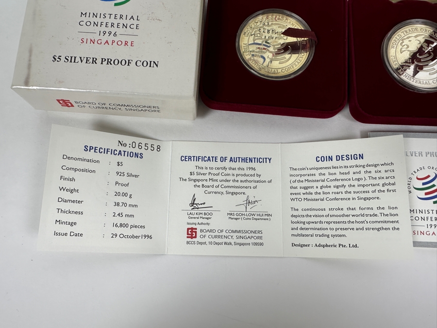 Rare Pair Of 1996 Limited Edition Coins $5 Sterling Silver Proof Coin From The Singapore Mint Limited To 16,800 Coins World Trade Organization First Ministerial Conference 40g Sterling [Photo 7]
