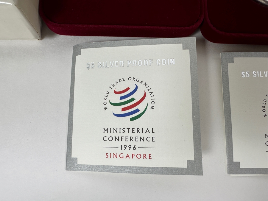 Rare Pair Of 1996 Limited Edition Coins $5 Sterling Silver Proof Coin From The Singapore Mint Limited To 16,800 Coins World Trade Organization First Ministerial Conference 40g Sterling [Photo 6]