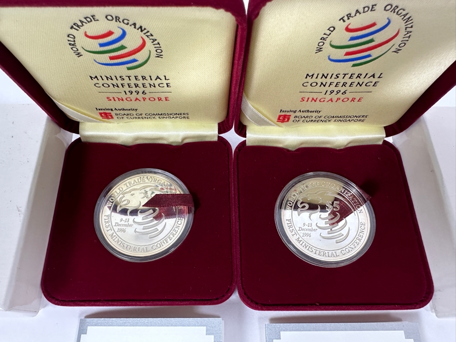Rare Pair Of 1996 Limited Edition Coins $5 Sterling Silver Proof Coin From The Singapore Mint Limited To 16,800 Coins World Trade Organization First Ministerial Conference 40g Sterling