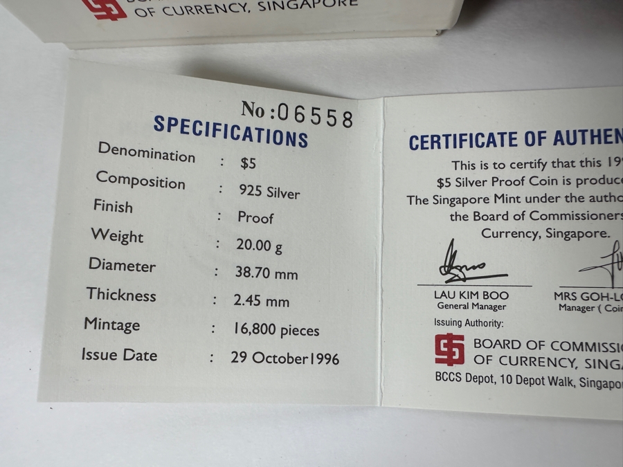 Rare Pair Of 1996 Limited Edition Coins $5 Sterling Silver Proof Coin From The Singapore Mint Limited To 16,800 Coins World Trade Organization First Ministerial Conference 40g Sterling [Photo 8]
