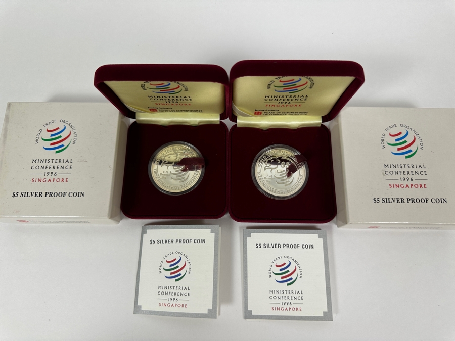 Rare Pair Of 1996 Limited Edition Coins $5 Sterling Silver Proof Coin From The Singapore Mint Limited To 16,800 Coins World Trade Organization First Ministerial Conference 40g Sterling [Photo 2]