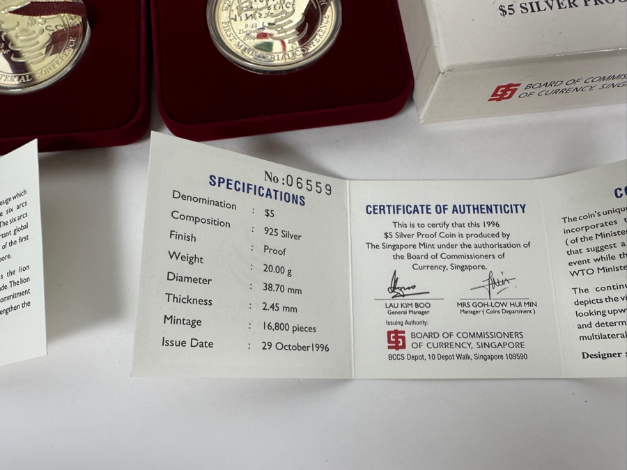 Rare Pair Of 1996 Limited Edition Coins $5 Sterling Silver Proof Coin From The Singapore Mint Limited To 16,800 Coins World Trade Organization First Ministerial Conference 40g Sterling [Photo 10]