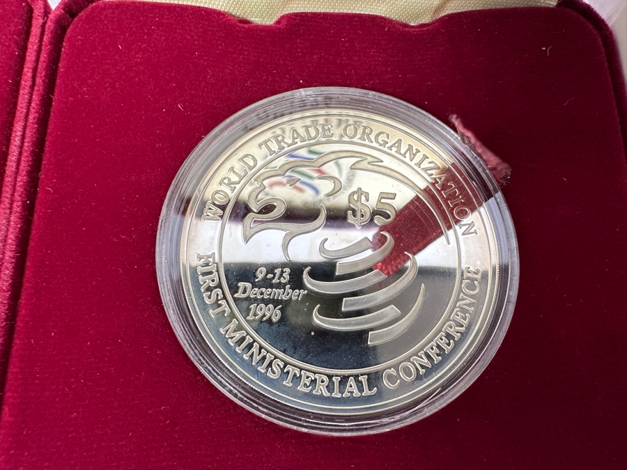 Rare Pair Of 1996 Limited Edition Coins $5 Sterling Silver Proof Coin From The Singapore Mint Limited To 16,800 Coins World Trade Organization First Ministerial Conference 40g Sterling [Photo 3]