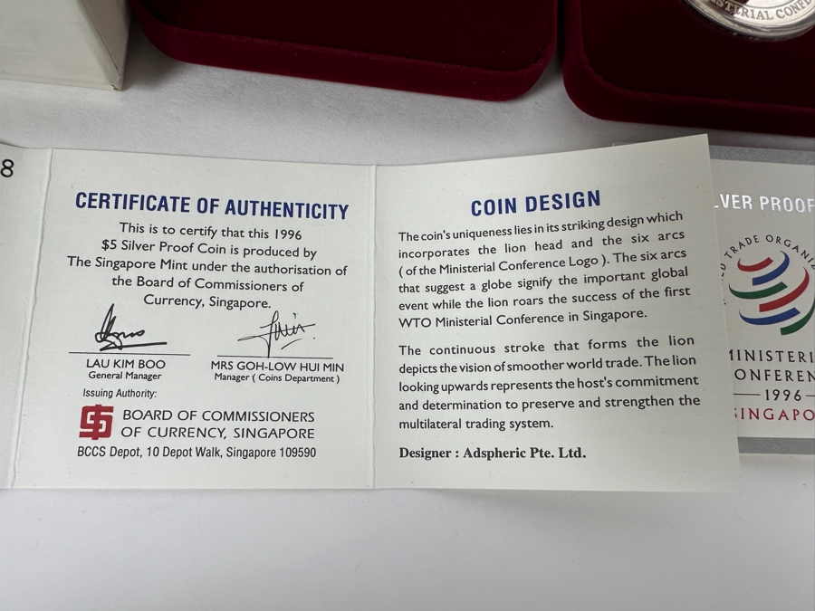 Rare Pair Of 1996 Limited Edition Coins $5 Sterling Silver Proof Coin From The Singapore Mint Limited To 16,800 Coins World Trade Organization First Ministerial Conference 40g Sterling [Photo 9]
