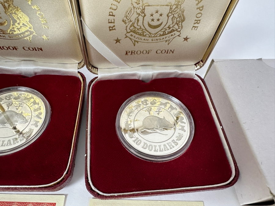 Rare Pair Of Limited Edition 50% Silver 1984 $10 Silver Proof Coins Produced By The Republic Of Singapore Year Of The Rat Limited To 20,000 Pieces Total Weight Of 62.2g [Photo 7]