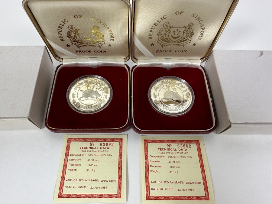 Rare Pair Of Limited Edition 50% Silver 1984 $10 Silver Proof Coins Produced By The Republic Of Singapore Year Of The Rat Limited To 20,000 Pieces Total Weight Of 62.2g [Photo 2]