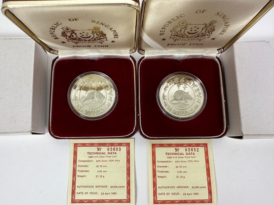 Rare Pair Of Limited Edition 50% Silver 1984 $10 Silver Proof Coins Produced By The Republic Of Singapore Year Of The Rat Limited To 20,000 Pieces Total Weight Of 62.2g