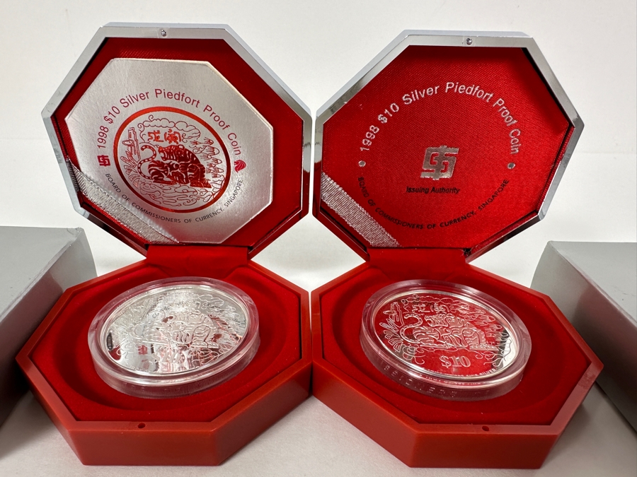 Rare Pair Of Limited Edition .999 Fine Silver 1998 $10 Silver Piedfort 2oz Proof Coins Produced By The Singapore Mint Year Of The Tiger Limited To 38,000 Pieces Total Pure Silver Weight Of 124.412g [Photo 5]