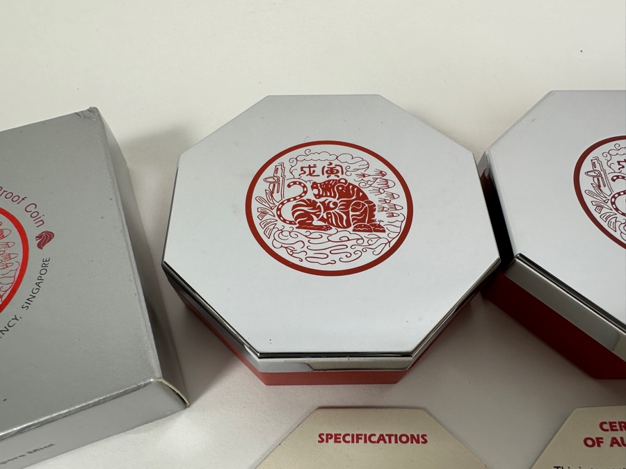 Rare Pair Of Limited Edition .999 Fine Silver 1998 $10 Silver Piedfort 2oz Proof Coins Produced By The Singapore Mint Year Of The Tiger Limited To 38,000 Pieces Total Pure Silver Weight Of 124.412g [Photo 10]