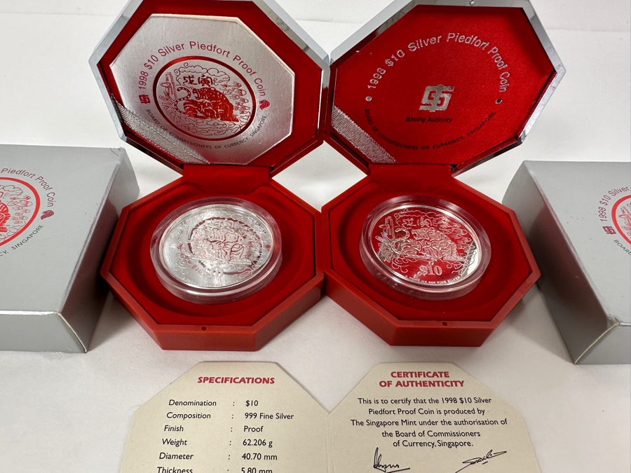 Rare Pair Of Limited Edition .999 Fine Silver 1998 $10 Silver Piedfort 2oz Proof Coins Produced By The Singapore Mint Year Of The Tiger Limited To 38,000 Pieces Total Pure Silver Weight Of 124.412g