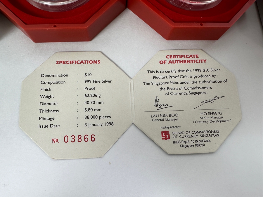 Rare Pair Of Limited Edition .999 Fine Silver 1998 $10 Silver Piedfort 2oz Proof Coins Produced By The Singapore Mint Year Of The Tiger Limited To 38,000 Pieces Total Pure Silver Weight Of 124.412g [Photo 7]