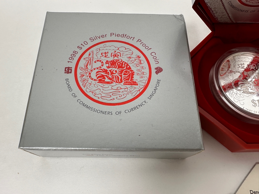 Rare Pair Of Limited Edition .999 Fine Silver 1998 $10 Silver Piedfort 2oz Proof Coins Produced By The Singapore Mint Year Of The Tiger Limited To 38,000 Pieces Total Pure Silver Weight Of 124.412g [Photo 8]