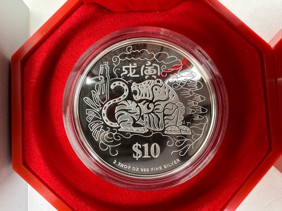 Rare Pair Of Limited Edition .999 Fine Silver 1998 $10 Silver Piedfort 2oz Proof Coins Produced By The Singapore Mint Year Of The Tiger Limited To 38,000 Pieces Total Pure Silver Weight Of 124.412g [Photo 4]