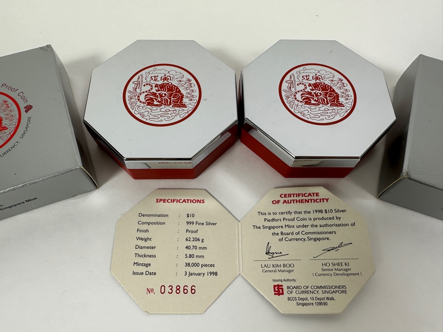 Rare Pair Of Limited Edition .999 Fine Silver 1998 $10 Silver Piedfort 2oz Proof Coins Produced By The Singapore Mint Year Of The Tiger Limited To 38,000 Pieces Total Pure Silver Weight Of 124.412g [Photo 9]