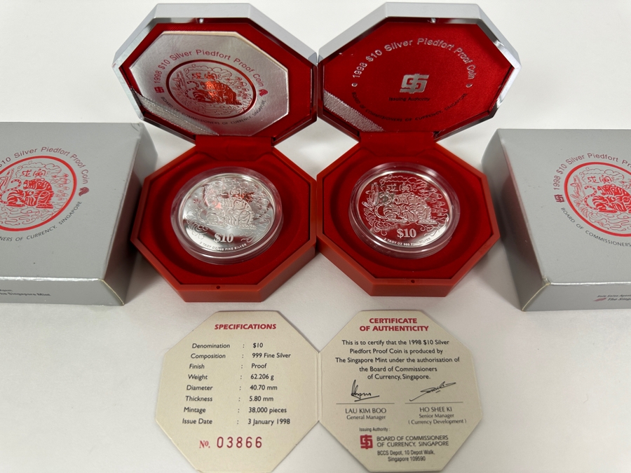 Rare Pair Of Limited Edition .999 Fine Silver 1998 $10 Silver Piedfort 2oz Proof Coins Produced By The Singapore Mint Year Of The Tiger Limited To 38,000 Pieces Total Pure Silver Weight Of 124.412g [Photo 2]