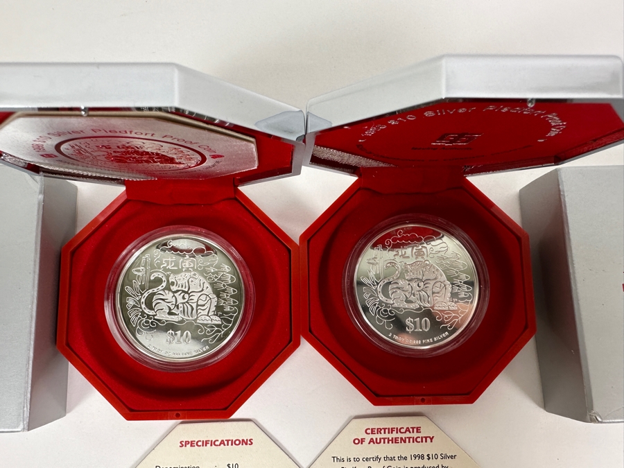 Rare Pair Of Limited Edition .999 Fine Silver 1998 $10 Silver Piedfort 2oz Proof Coins Produced By The Singapore Mint Year Of The Tiger Limited To 38,000 Pieces Total Pure Silver Weight Of 124.412g [Photo 3]