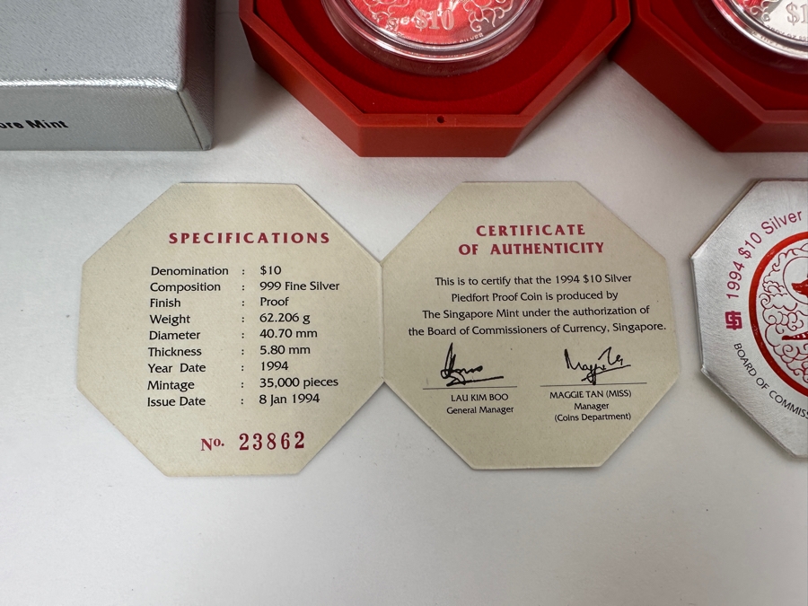 Rare Pair Of Limited Edition .999 Fine Silver 1994 $10 Silver Piedfort 2oz Proof Coins Produced By The Singapore Mint Year Of The Dog Limited To 35,000 Pieces Total Pure Silver Weight Of 124.412g [Photo 5]