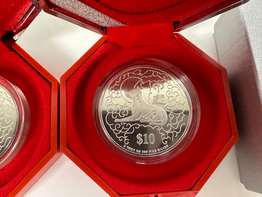 Rare Pair Of Limited Edition .999 Fine Silver 1994 $10 Silver Piedfort 2oz Proof Coins Produced By The Singapore Mint Year Of The Dog Limited To 35,000 Pieces Total Pure Silver Weight Of 124.412g [Photo 4]