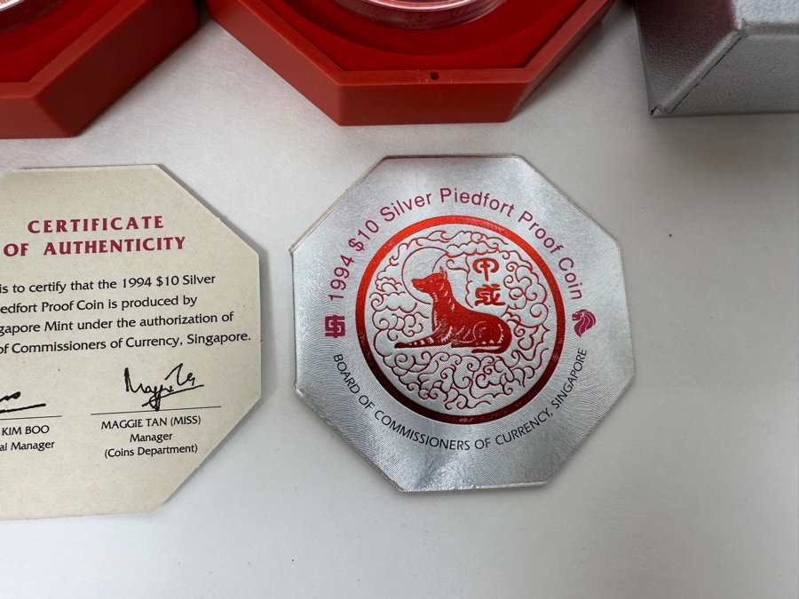 Rare Pair Of Limited Edition .999 Fine Silver 1994 $10 Silver Piedfort 2oz Proof Coins Produced By The Singapore Mint Year Of The Dog Limited To 35,000 Pieces Total Pure Silver Weight Of 124.412g [Photo 7]