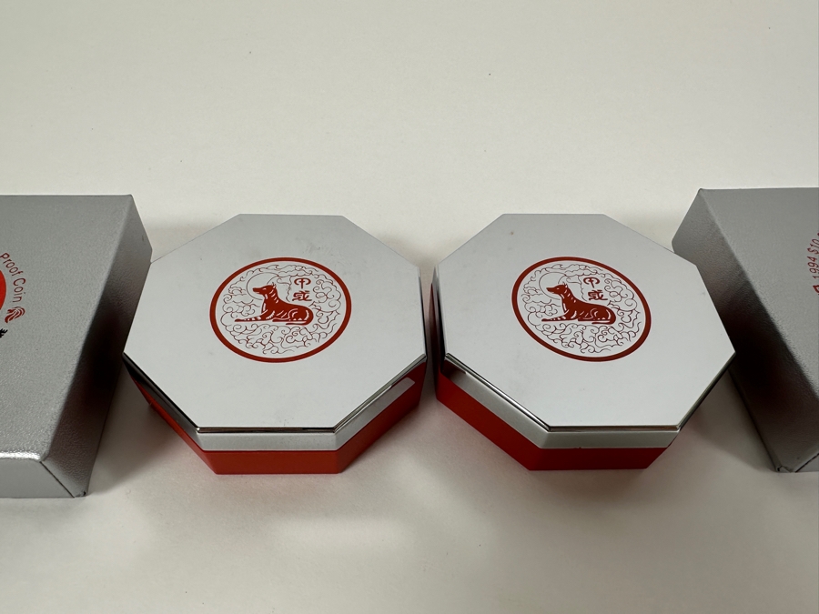 Rare Pair Of Limited Edition .999 Fine Silver 1994 $10 Silver Piedfort 2oz Proof Coins Produced By The Singapore Mint Year Of The Dog Limited To 35,000 Pieces Total Pure Silver Weight Of 124.412g [Photo 9]